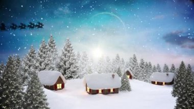 Kar yağan dijital animasyon ve kızakta Noel Baba 'nın silueti ren geyikleri tarafından kış manzarası boyunca çekiliyor. Noel kutlaması geleneği
