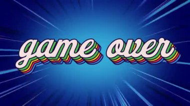 Arka planda çoklu mavi çizgiler üzerinde gökkuşağı metni üzerinden retro oyun animasyonu. gurur retro renk ve hareket konsepti dijital olarak oluşturulmuş görüntü.