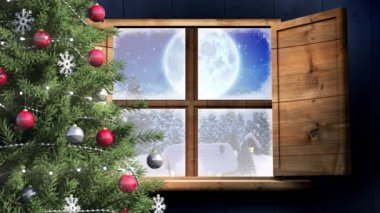 Noel ağacının dijital animasyonu ve kış manzarasına düşen kara karşı ahşap pencere çerçevesi ve kızakta Noel Baba 'nın silueti gece gökyüzünde ren geyikleri tarafından çekiliyor..