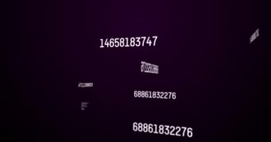 Mor arkaplan üzerinde değişen beyaz sayılar ve veri işleme animasyonu. dijital arayüz istatistik matematik bilimi konsepti dijital olarak oluşturulmuş resim.