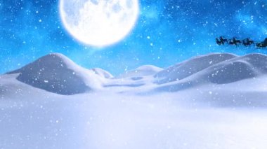 Kış manzarasına yağan karın dijital animasyonu ve kızaktaki Noel Baba 'nın siyah silueti ren geyikleri tarafından gökyüzünde aya doğru çekiliyor. Noel kutlaması geleneği