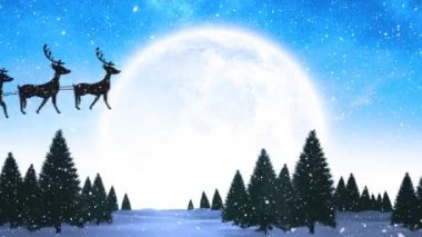 Noel Baba 'nın kızaktaki siluetinin animasyonu, kar yağan ren geyikleri ve kış manzarasında dolunay tarafından çekiliyor. Noel kutlaması konsepti dijital olarak oluşturulmuş görüntü.