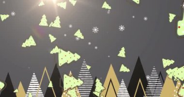 Birden fazla Noel ağacı ikonu ve kar tanesinin dijital animasyonu gri arka planda birden fazla Noel ağacına çarpıyor. Noel kutlaması geleneği