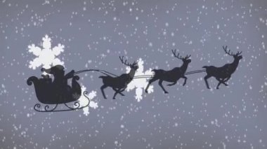 Noel Baba 'nın kızak içindeki siyah siluetinin animasyonu mor arka planda kar yağan ren geyikleri tarafından çekiliyor. Noel kutlaması konsepti dijital olarak oluşturulmuş görüntü.