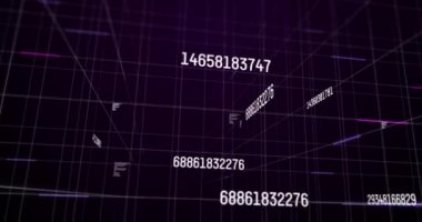 Beyaz sayıların değişmesi ve parlayan ışık yollarında veri işlemesi, mor zemin üzerinde beyaz şebeke. dijital arayüz istatistik matematik bilimi konsepti dijital olarak oluşturulmuş resim.