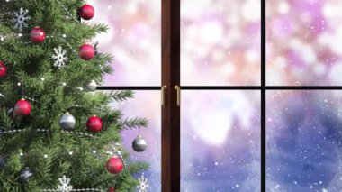 Noel ağacı ve pencere çerçevesinin dijital animasyonu Noel Baba 'nın silüetine karşı ren geyikleri tarafından çekiliyor. Noel kutlaması geleneği