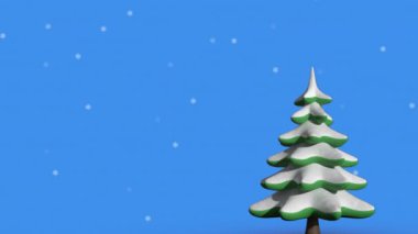 Noel ağacının üzerine düşen kar tanelerinin dijital animasyonu mavi arka planda dönüyor. Noel kutlaması geleneği