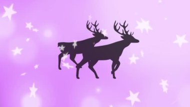 İki ren geyiğinin siyah siluetinin üzerine düşen yıldızların dijital animasyonu mor arka planda yürüyor. Noel kutlaması geleneği