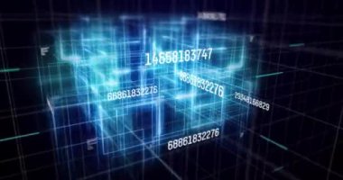 Siyah zemin üzerinde parlayan mavi şebeke üzerinde değişen beyaz sayılar ve veri işleme animasyonu. dijital arayüz istatistik matematik bilimi konsepti dijital olarak oluşturulmuş resim.