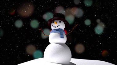Kışın kardan adamın üzerine düşen kardan adamın dijital animasyonu. Koyu arkaplanda ışık lekeleri var. Noel kutlaması geleneği