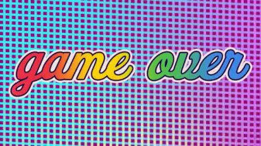 Gökkuşağı metni üzerinden retro oyunun animasyonu arkaplandaki mor ve mavi örtüşüyor. gurur retro renk ve hareket konsepti dijital olarak oluşturulmuş görüntü.