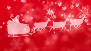Noel Baba 'nın siluetinin üzerine düşen kar tanelerinin dijital animasyonu ren geyikleri tarafından kırmızı arka plana çekiliyor. Noel kutlaması geleneği
