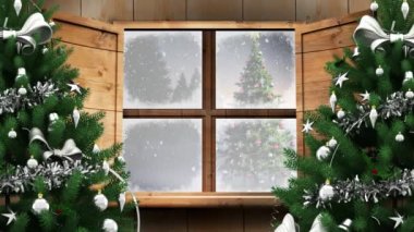 Noel ağaçlarının dijital animasyonu ve kış manzarasına düşen kara karşı ahşap pencere çerçevesi. Noel kutlaması geleneği