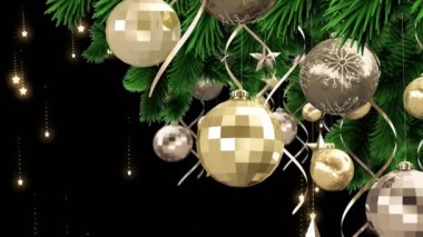 Yılbaşı süslerinin dijital animasyonu ve yıldız süslemelerinin siyah arkaplana düşen yıldız ışığı izlerine karşı Noel ağacında asılı olması. Noel kutlaması geleneği