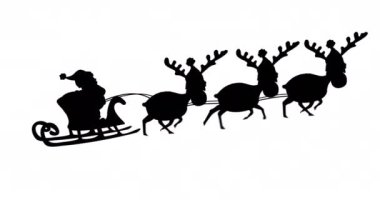 Noel Baba 'nın siyah siluetinin dijital animasyonu. Ren geyikleri tarafından beyaz arka plana çekiliyor. Noel kutlaması geleneği