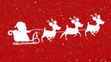 Noel Baba 'nın siluetinin üzerine düşen karların dijital animasyonu kırmızı arka planda ren geyikleri tarafından çekiliyor..