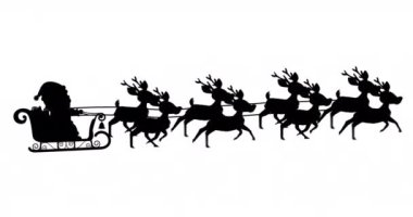 Noel Baba 'nın siyah siluetinin dijital animasyonu. Ren geyikleri tarafından beyaz arka plana çekiliyor. Noel kutlaması geleneği