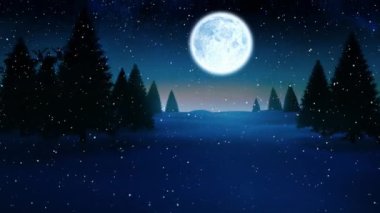 Kış manzarasına yağan karın dijital animasyonu ve kızakta Noel Baba 'nın silueti ren geyikleri tarafından gece gökyüzünde aya doğru çekiliyor. Noel kutlaması geleneği