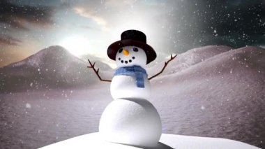 Kış manzarasında erkek kardan adamın üzerine düşen karın dijital animasyonu. Noel kutlaması geleneği