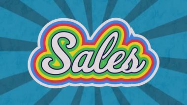 Arka planda dönen mavi çizgili retro satış gökkuşağı metninin animasyonu. gurur retro renk ve hareket konsepti dijital olarak oluşturulmuş görüntü.