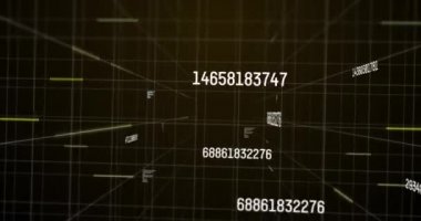 Beyaz sayıların değişmesi ve parlayan ışık yollarında veri işlemesi, yeşil arka planda beyaz şebeke. dijital arayüz istatistik matematik bilimi konsepti dijital olarak oluşturulmuş resim.