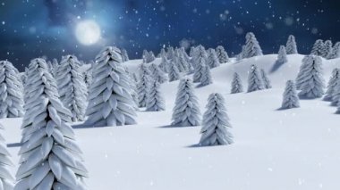 Kar yağan kış manzarası, beyaz köknar ağaçları ve dolunay. Noel kutlaması konsepti dijital olarak oluşturulmuş görüntü.