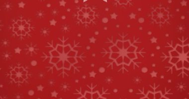 Kırmızı zemin üzerinde kar taneleri baskısı ile Noel mücevherlerinin dijital animasyonu ve yıldız süslemeleri. Noel kutlaması geleneği