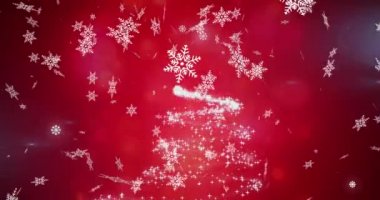Kırmızı arka planda kar tanelerinin Noel ağacına düşüşünün dijital animasyonu. Noel kutlaması geleneği