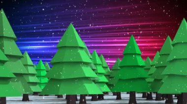 Birden fazla köknar ağacının animasyonu. Pembe arka plana kar yağan gradyan mor arkaplan. Noel kutlaması konsepti dijital olarak oluşturulmuş görüntü.