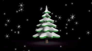 Yılbaşı ağacının üzerine düşen kar tanelerinin dijital animasyonu siyah arka planda dönüyor. Noel kutlaması geleneği