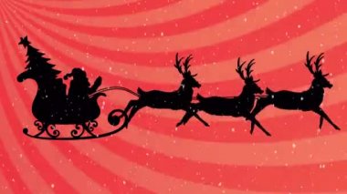 Noel Baba 'nın siyah siluetinin animasyonu ve kızaktaki Noel ağacı arka planda dönen kırmızı çizgili ren geyikleri tarafından çekiliyor. Noel kutlaması konsepti dijital olarak oluşturulmuş görüntü.