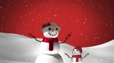 Kadın ve çocuk kardan adamın üzerine düşen dijital kar animasyonu kışın kırmızı arka planda. Noel kutlaması geleneği