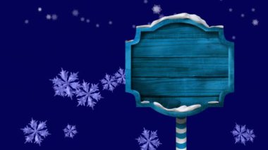Mavi arka planda düşen kar tanelerine karşı mavi tahta işaret direğinin dijital animasyonu. Noel kutlaması geleneği