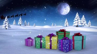 Kış manzarası üzerine düşen karların dijital animasyonu ve kızaktaki Noel Baba 'nın siyah silueti ren geyikleri tarafından gece gökyüzünde aya doğru çekiliyor..