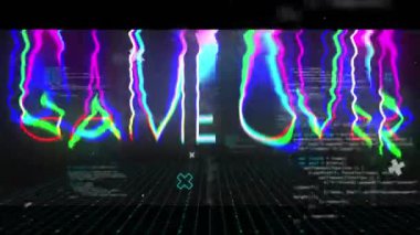 Arkaplanda veri işleme ile ekrandan metne parlayan oyunun animasyonu. retro renk ve hareket konsepti dijital olarak oluşturuldu.