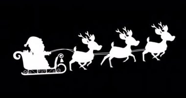 Kızakta Noel Baba 'nın siluetinin dijital animasyonu ren geyikleri tarafından siyah arka plana çekiliyor. Noel kutlaması geleneği