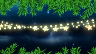 Mavi arka planda köknar ağacı dalı olan noel ışıklarının animasyonu. Noel kutlaması konsepti dijital olarak oluşturulmuş görüntü.