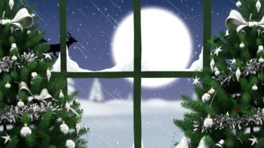 İki Noel ağacının dijital animasyonu ve Noel Baba 'nın kızağında düşen kara karşı pencere çerçevesi ren geyikleri tarafından gece gökyüzünde aya doğru çekiliyor. Noel kutlaması geleneği