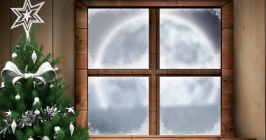 Noel ağacının dijital animasyonu ve Noel Baba 'nın siyah siluetine karşı ahşap pencere çerçevesi gece gökyüzünde ren geyikleri tarafından çekiliyor. Noel kutlaması geleneği