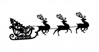 Kızak içindeki siyah noel ağacının dijital animasyonu ren geyikleri tarafından beyaz arka plana çekiliyor. Noel kutlaması geleneği