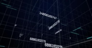 Beyaz sayıların değişiminin ve parlayan ışık yollarında veri işlemesinin animasyonu, siyah arkaplanda beyaz ızgara. dijital arayüz istatistik matematik bilimi konsepti dijital olarak oluşturulmuş resim.