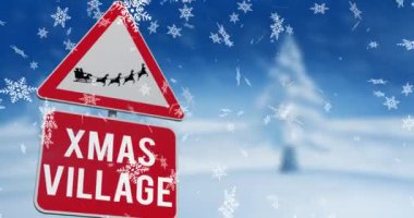Noel Baba 'nın üzerine düşen kar tanelerinin dijital animasyonu Ren geyikleri ve Xmas köyü metinleri tarafından kış manzarasına karşı tabelaya asılıyor. Noel kutlaması geleneği