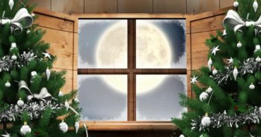 İki Noel ağacının dijital animasyonu ve Noel Baba 'nın siyah silüetine karşı ahşap pencere çerçevesi gece gökyüzünde ren geyikleri tarafından çekiliyor. Noel kutlaması geleneği