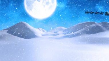 Kış manzarasına yağan karın dijital animasyonu ve kızakta Noel Baba 'nın silueti ren geyikleri tarafından gece gökyüzünde aya doğru çekiliyor. Noel kutlaması geleneği