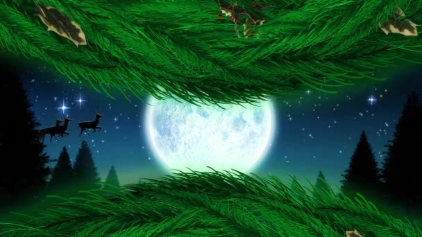 Animación Digital Corona Navidad Silueta Santa Claus Trineo Siendo Tirado — Vídeos de Stock