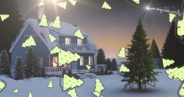 Digitális Animáció Hullócsillag Több Karácsonyfa Ikonok Esik Ellen Esik Ház — Stock videók
