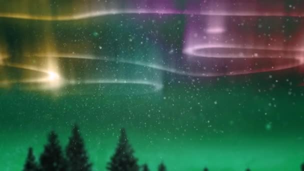 Animación Aurora Boreal Senderos Brillantes Amarillo Rosa Sobre Paisaje Nieve — Vídeos de Stock