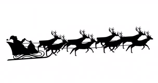 Digitális animáció fekete sziluett Mikulás szán húzza a rénszarvasok fehér háttér. karácsonyi ünnepség ünneplés hagyomány koncepció