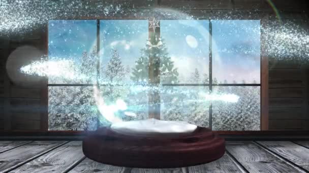 Animacja Kuli Śnieżnej Choinką Zimową Scenerią Widzianą Przez Okno Koncepcja — Wideo stockowe
