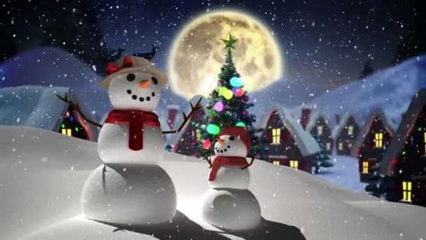 Cyfrowa Animacja Śniegu Spadającego Nad Bałwanami Kobiet Dzieci Zimowym Krajobrazie — Wideo stockowe